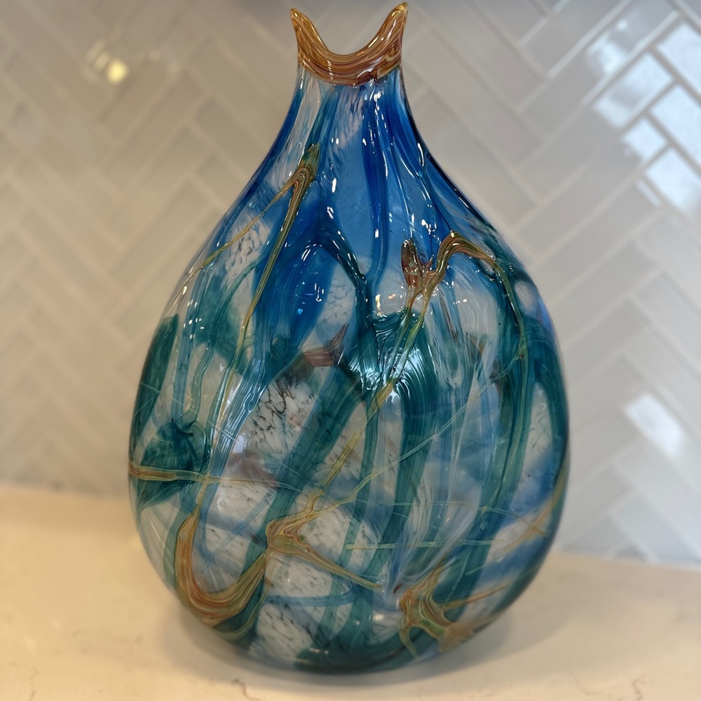 Hand-Blown Blue and Gold Glass Vase